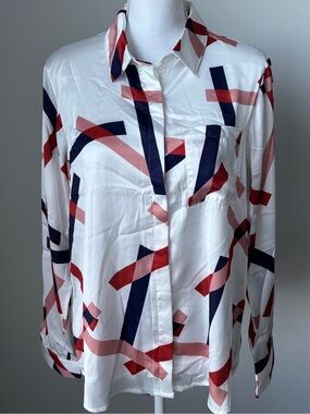 White Geometric Print Silk-Look Button-Up Top - Navy & Red Accents